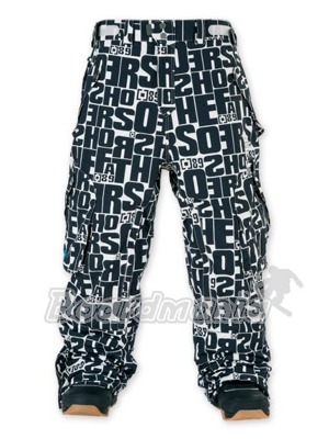 P�nsk� vod�odoln� snowboardov� kalhoty celopoti�t�n� n�pisy Horsefeathers. Na knofl�c�ch znaky HF, na prav� bo�n� kapse a nad pravou zadn� kapsou vy�it� logo a n�pis Horsefeathers.