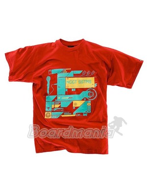 Tri�ko ve v�razn� �erven� barv� s kr�tk�m ruk�vem. Na cel� p�edn� ��sti velk� potisk technick�ho pl�nu a velk�m n�pisem Nugget clothing system, klasick� kulat� v�st�ih, 100% bavlna.