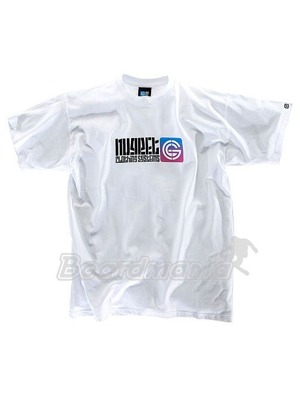 Letn� b�l� tri�ko s �ern�m n�pisem Nugget clothing systems  a modro - fialov�m logem Nugget na hrudi.